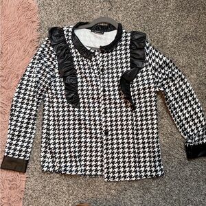 Black and White Houndstooth Blouse with Ruffle Details